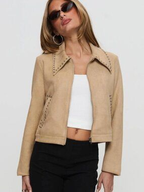 Princess Polly Hurleigh Faux Suede Jacket Brown Studded Moto Jacket Size 8
